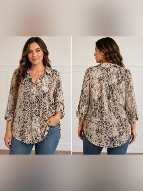 Spense Women’s Animal Print Tunic Blouse Size L/8 Roll Tab Sleeve Sheer Top